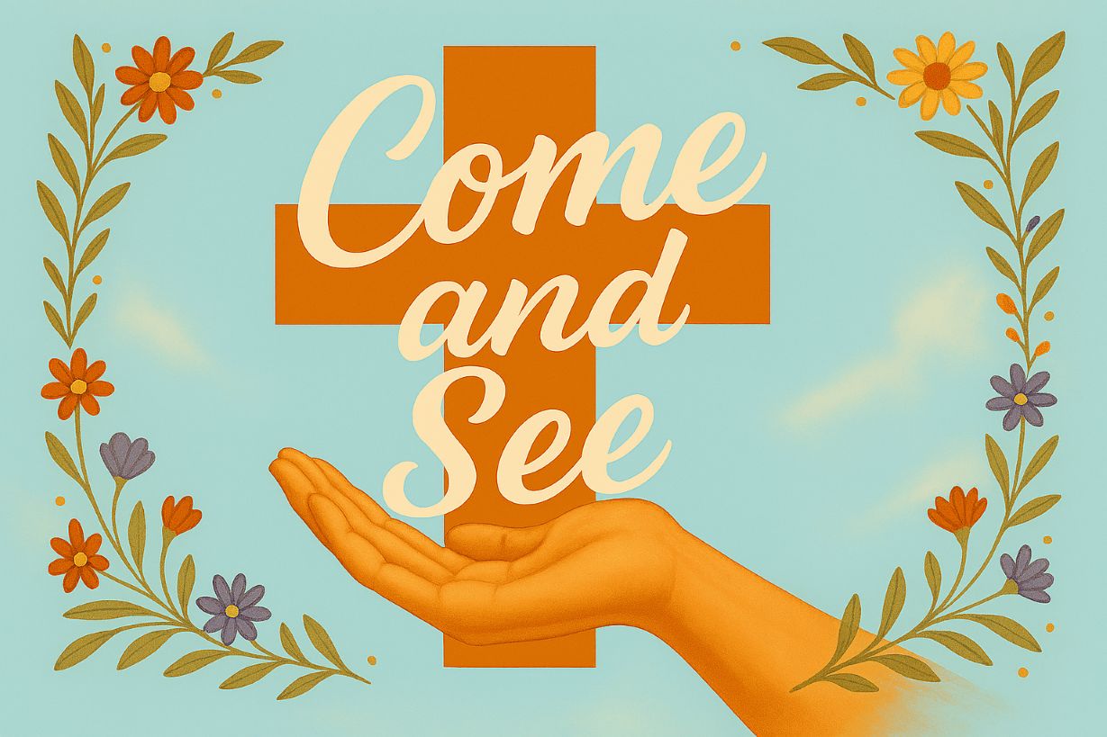 outstretched hand holding a cross, "come and see"